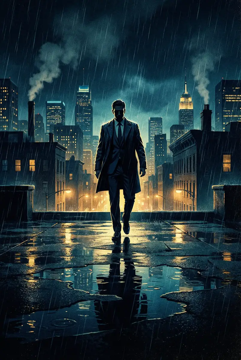 bt磁力猪 出品影片《雨夜独行者》海报，雨中城市屋顶男性剪影